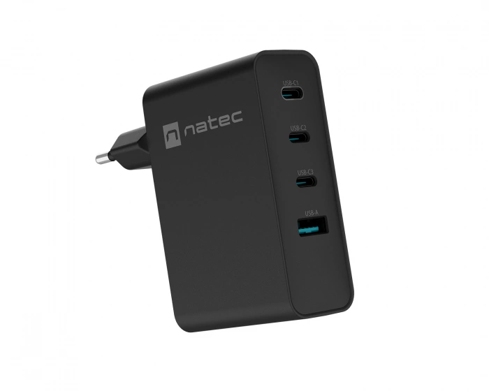 Natec Ribera GaN 3x USB-C & 1x USB-A Oplader - 100W - Sort