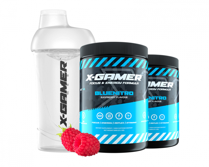 X-Gamer 2 x 600g X-Tubz Bluenitro - 60 Portioner + Shaker